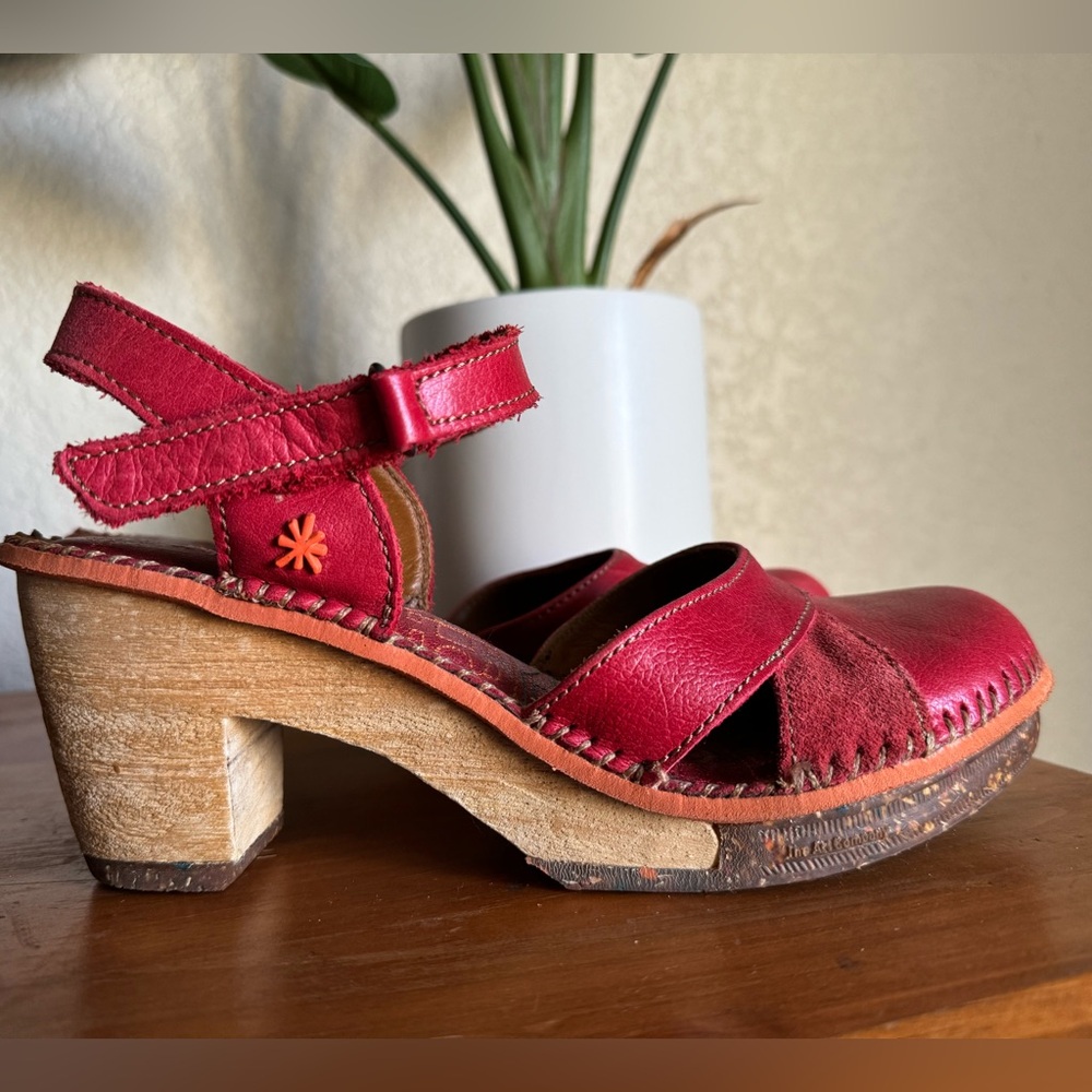 Red Leather Heels with Chunky Wooden Heel